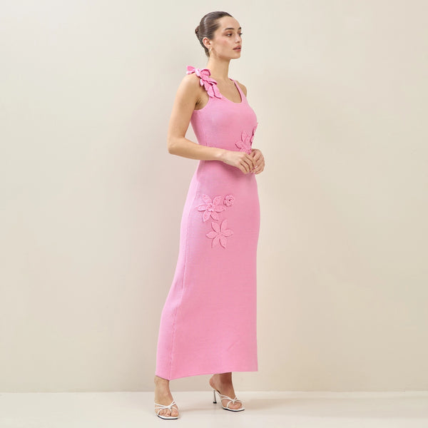Pink Floral Applique Maxi Dress