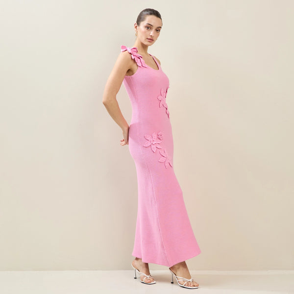 Pink Floral Applique Maxi Dress