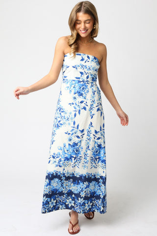 Laurel Blue Floral Strapless Maxi Dress