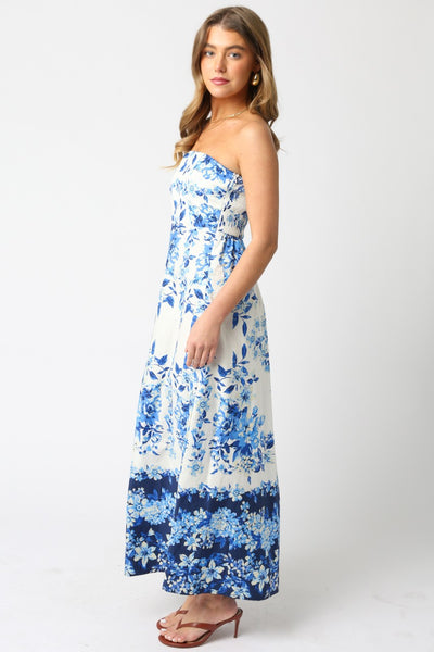 Laurel Blue Floral Strapless Maxi Dress
