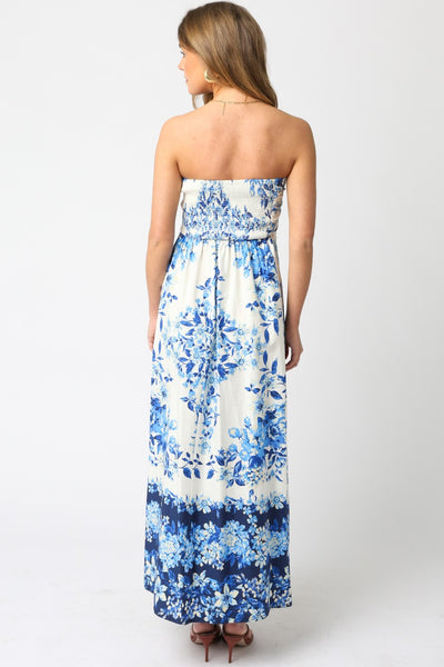 Laurel Blue Floral Strapless Maxi Dress