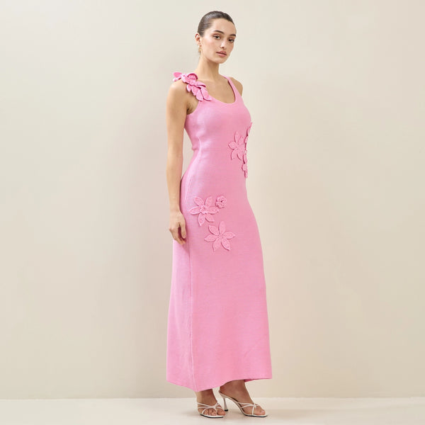 Pink Floral Applique Maxi Dress