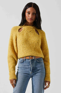 A woman in front of a white background wearing a yellow knit sweater. This sweater is a beautiful mellow yellow with two front cutouts. She paired it with a high waisted medium wash denim, brown belt & gold jewelry.