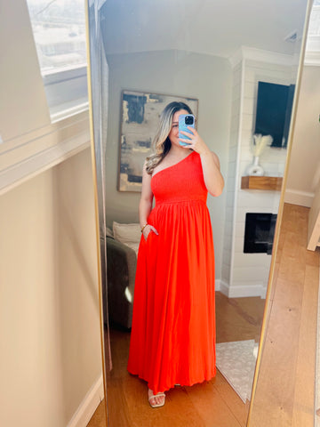 Papaya Smocked One Shoulder Maxi Dress