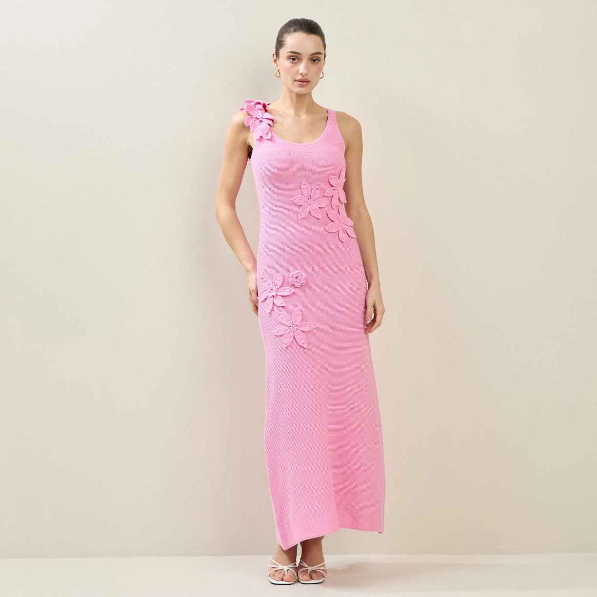 Pink Floral Applique Maxi Dress