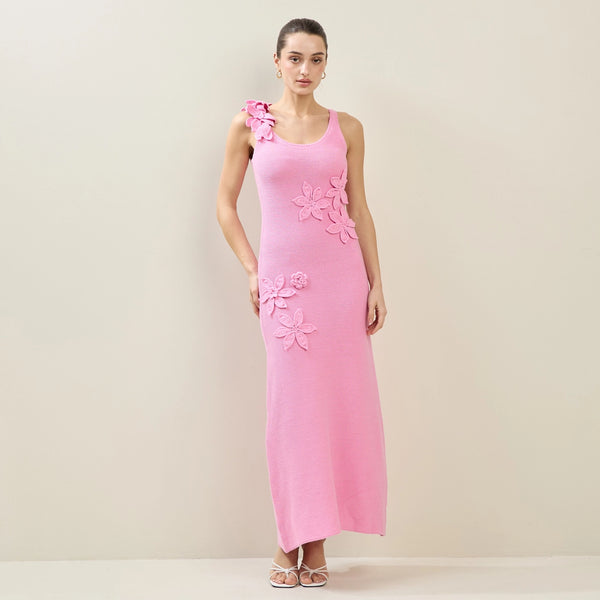 Pink Floral Applique Maxi Dress