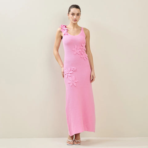 Pink Floral Applique Maxi Dress
