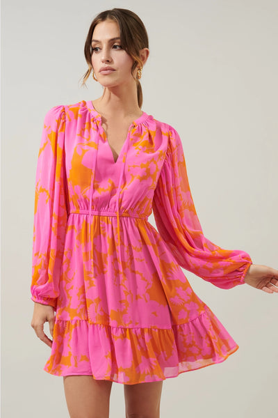 Pink & Orange Printed Long Sleeve Dress