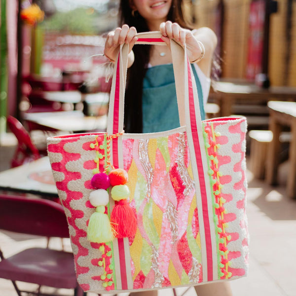 Pink Neon Beaded Tote